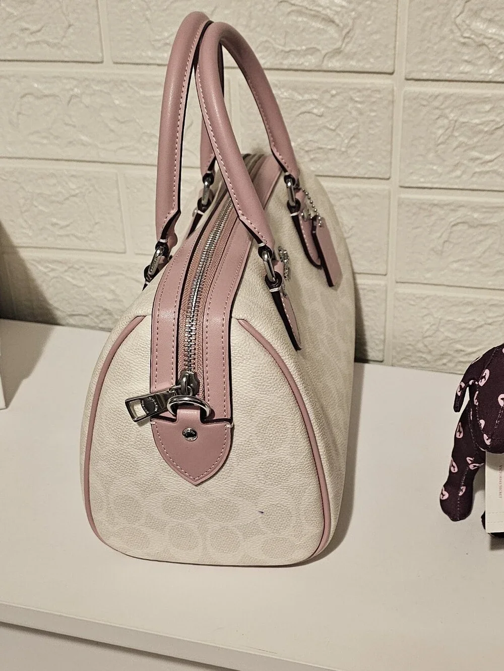 Coach Cream Canvas Dome Satchel with Pink Trim